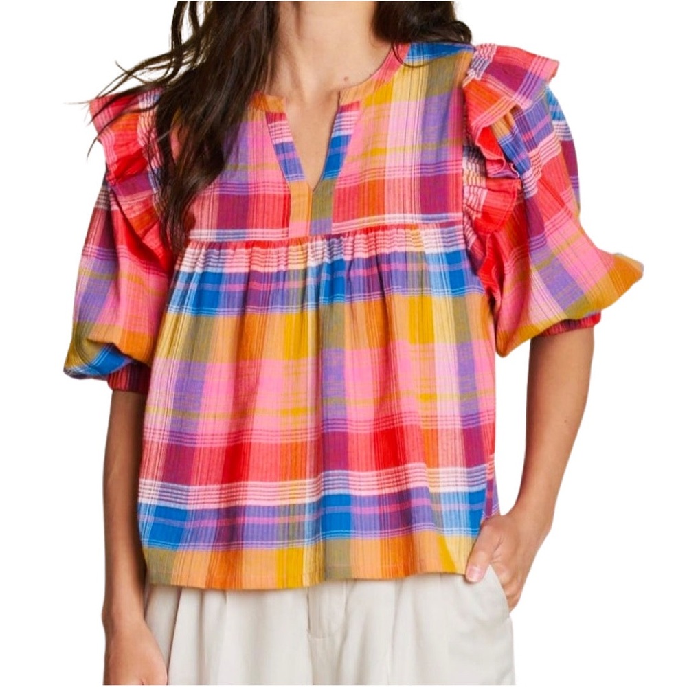 DRA Los Angeles rainbow plaid Janet ruffle top. New without tags. Medium.